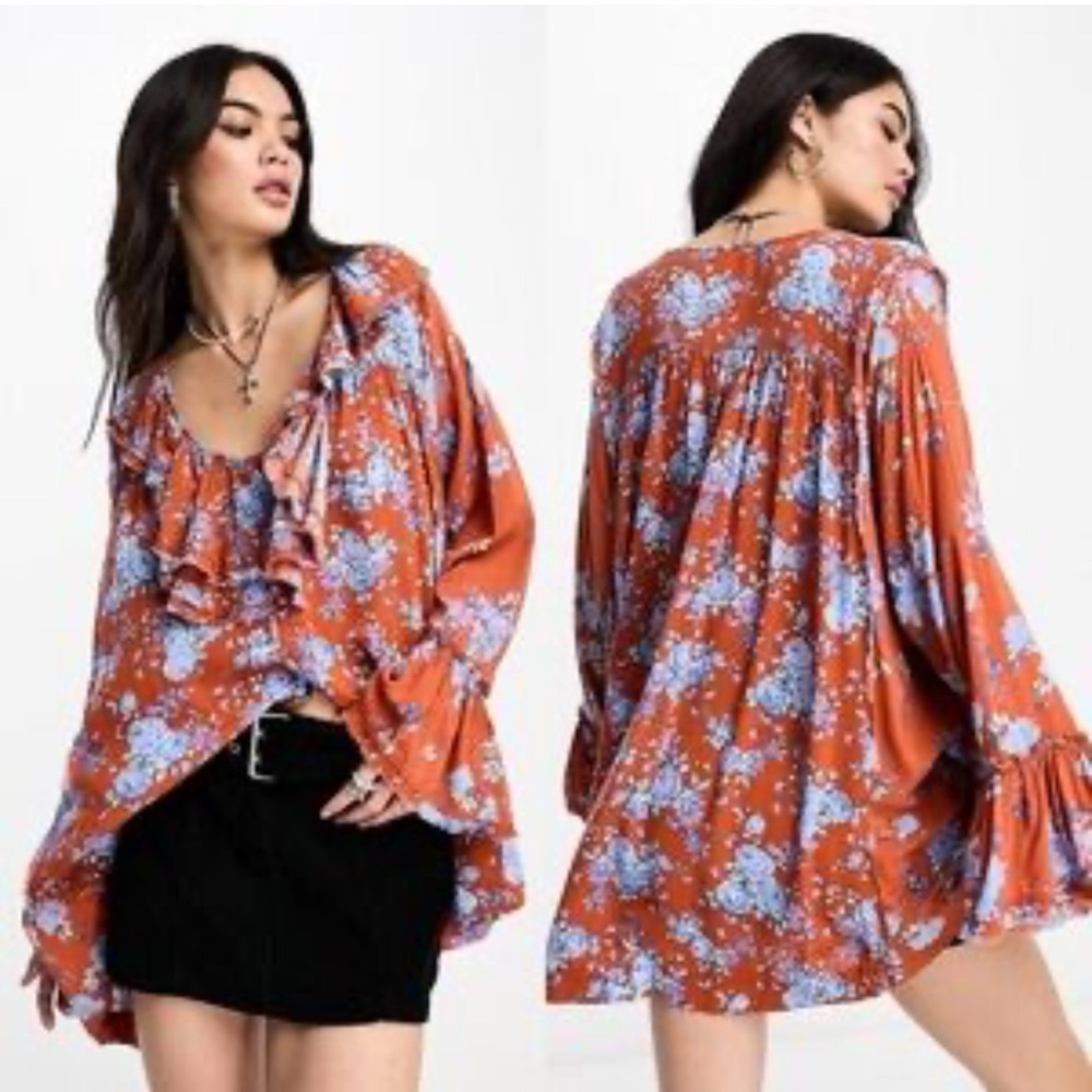 Free People Rust Orange Floral Ruffle Tunic with Light Blue Flowers